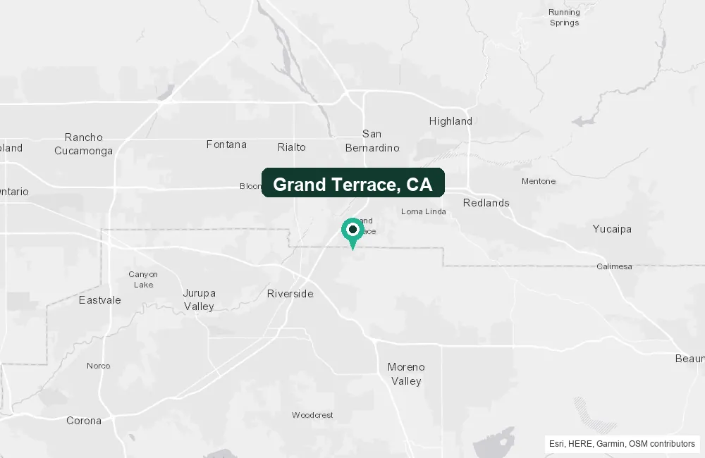 Map of Grand Terrace, California and the surrounding San Bernardino County area service area